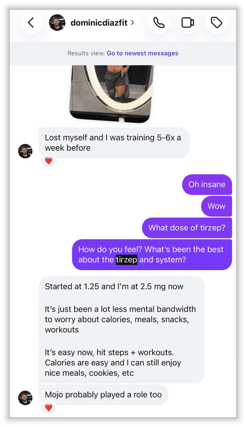 Dominic Diaz Instagram DM about tirzepatide